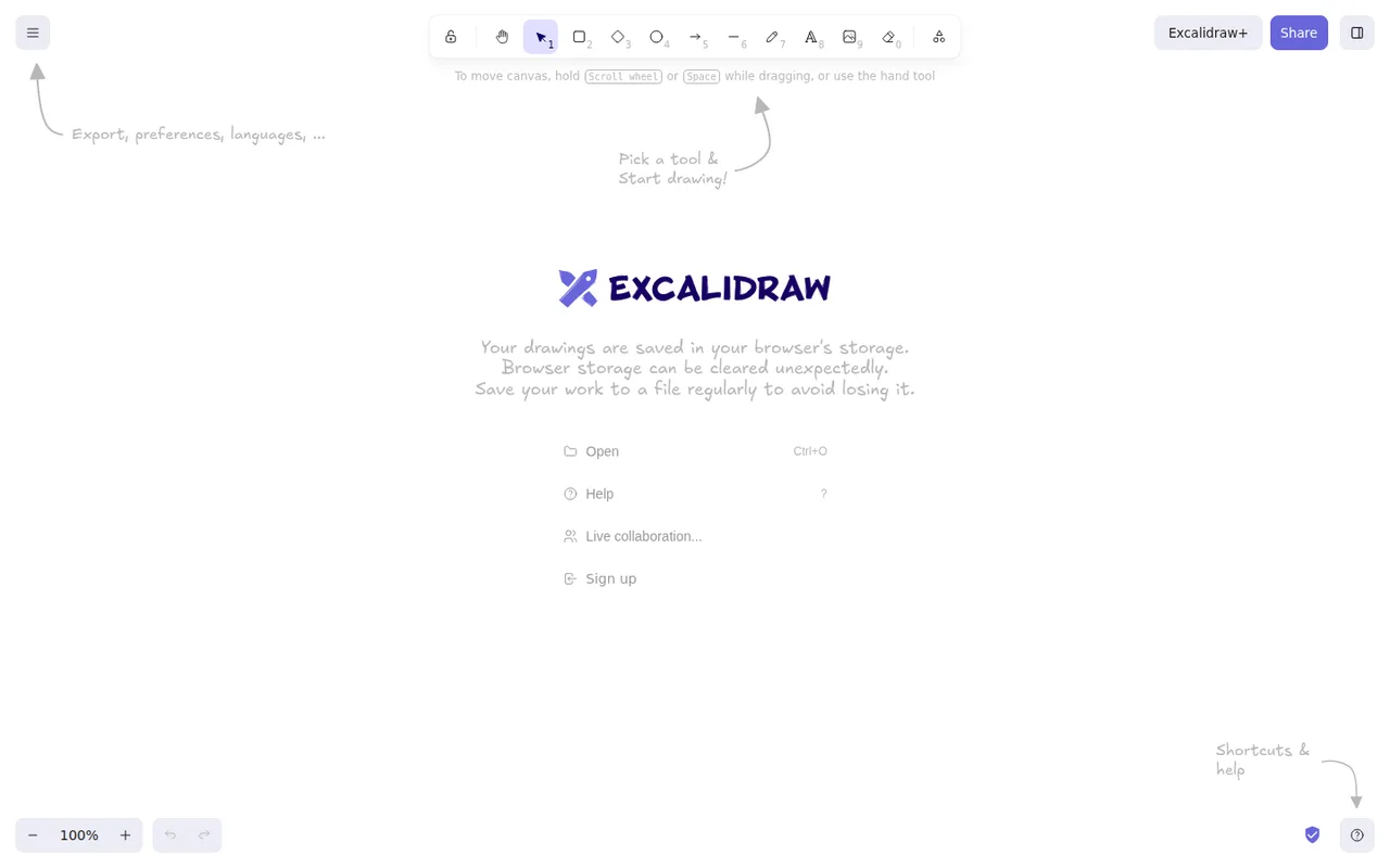 Excalidraw running from the boot-verified compose file