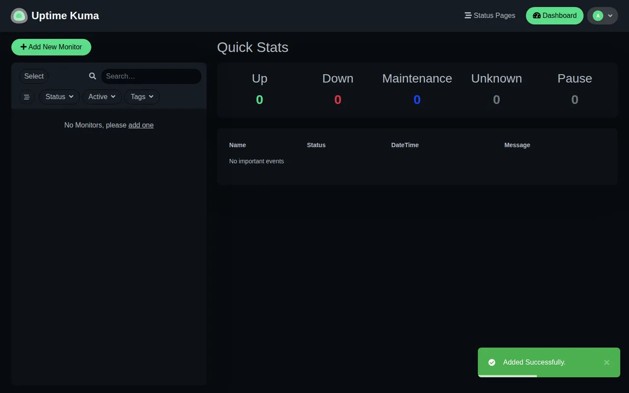 Uptime Kuma running from the boot-verified compose file